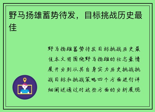 野马扬雄蓄势待发，目标挑战历史最佳